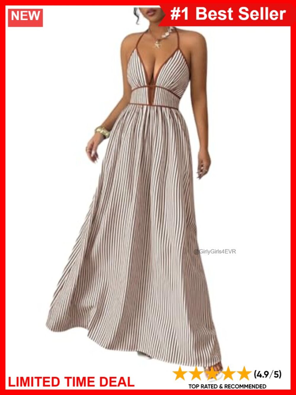 Striped Halter Maxi Dress Backless Smocked Boho Flared Hem